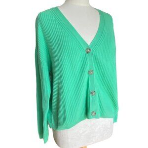 Talbots Rib Knit Grandpacore Cardigan Sweater Green Button Preppy Academia-XL
